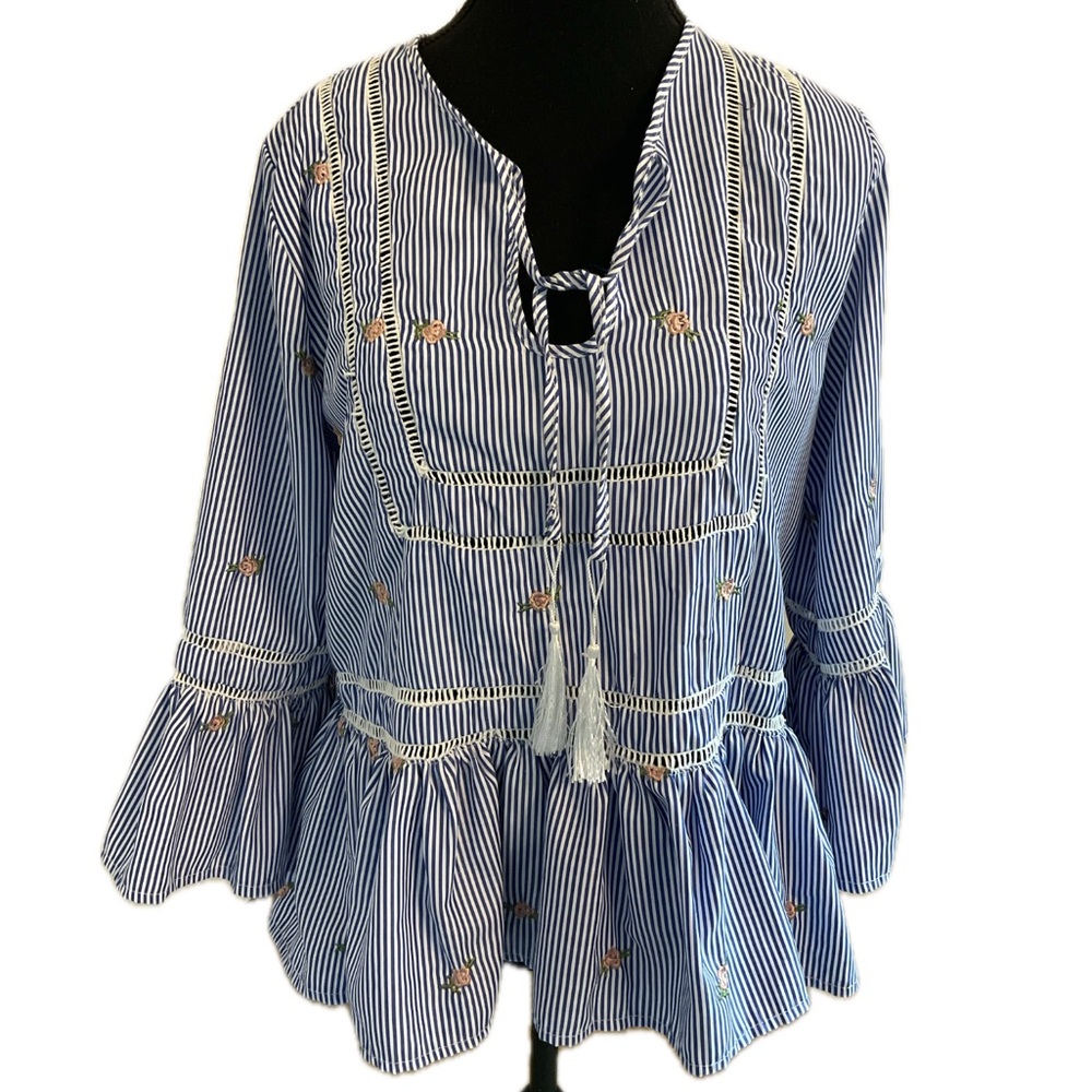 Blue & White Boho Striped& Embroidered Blouse with Bell sleeves.